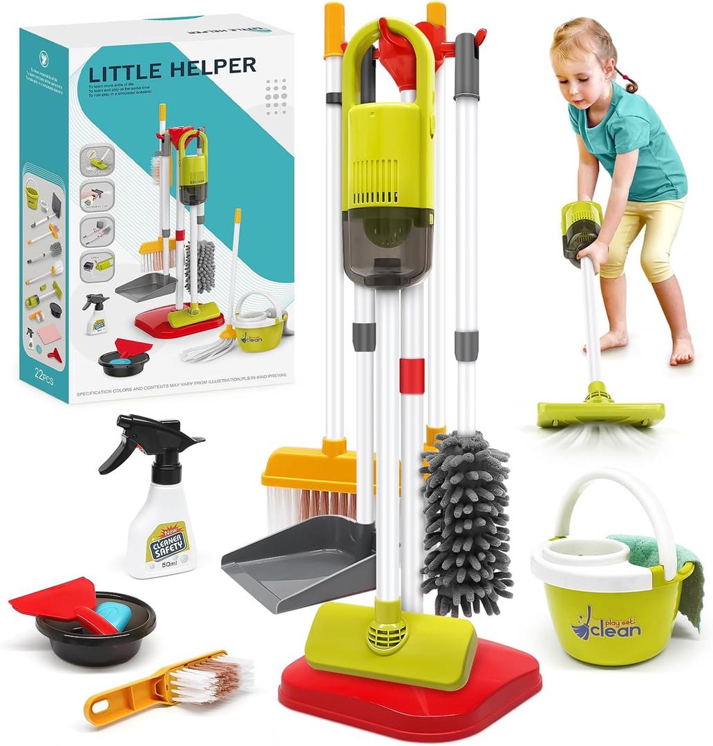 Dreamon Toddler Cleaning Set - 14Pcs Kids Cleaning Toy Set with 2-in-1 Kids Vacuum that Really Works, Pretend Home Cleaning Play Set for Toddler Age 3-7, Christmas Birthday Gift for Girls BoysRed, child-size