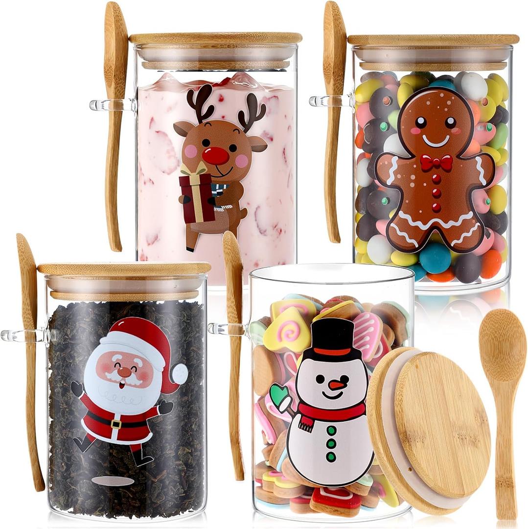Suclain 4 Pcs Christmas Glass Storage Jars 24 oz Xmas Candy Cookie Jar Containers with Airtight Lids Spoons Santa Snowman Reindeer Gingerbread Man Decorative Canisters for Home Kitchen Countertop
