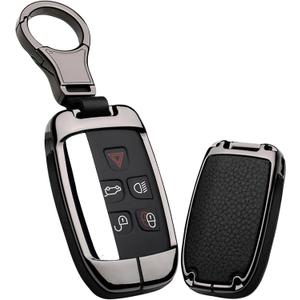 Ontto Key Cover Fit for Land Rover Key Case Metal Leather Key Holder with Keychain (Black Metal Shell, Black-b)