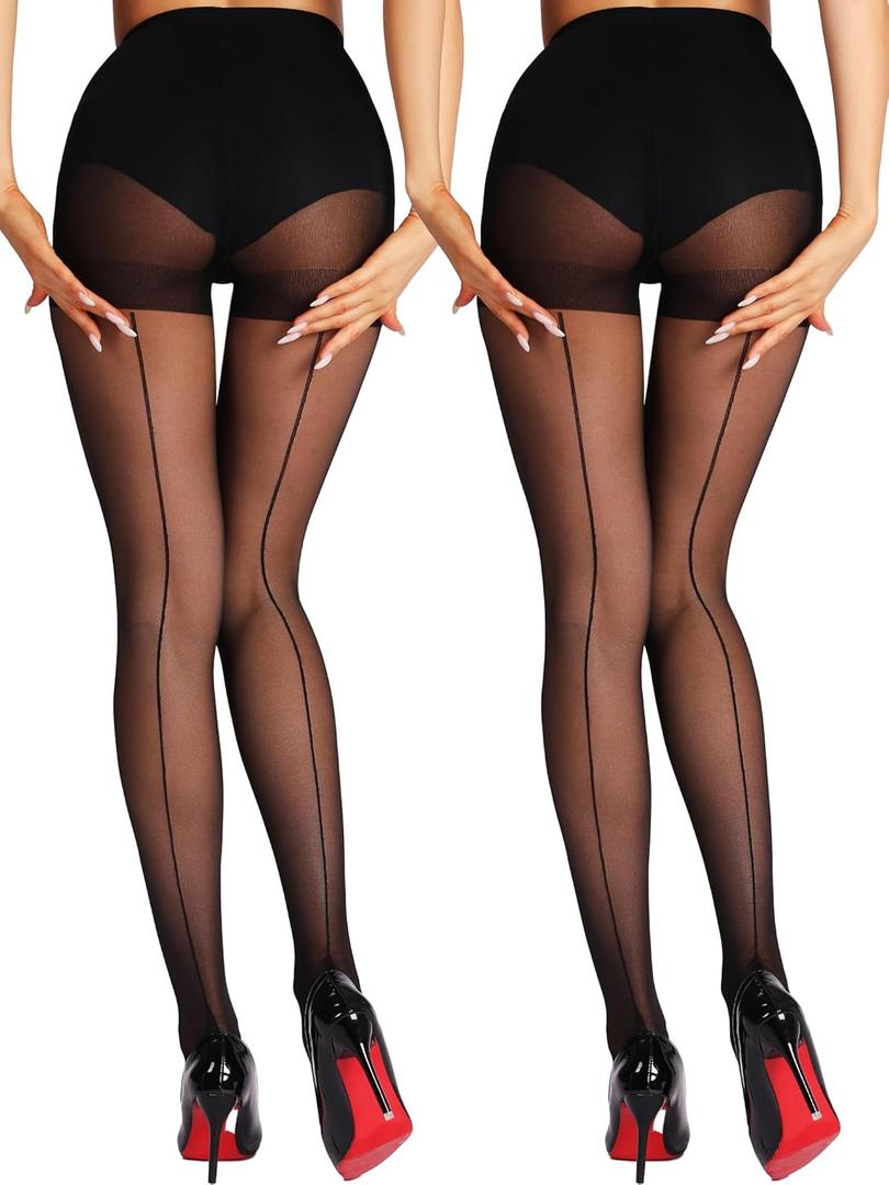 HONENNA Backseam Sheer Tights for Women 2 Pairs High Waist Patterned Cuban Heel Pantyhose With Control Top (Small, Black)