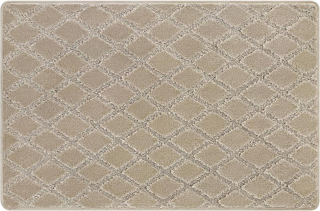 PURE ERA Carpet Stair Tread Landing Mat Tape Free Self Adhesive Non Slip Skid Resistant Indoor Doormat Area Rug Floor Mat for Kitchen Bathroom Workstations Washable 2' X 3' (Cream Gray Diamond Trellis)
