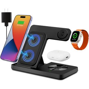 Wireless Charger, 3 in 1 Charging Station for Multiple Devices, Wireless Charging Stand for iPhone 8-17 Series,iWatch 2-10 Series/Ultra/SE,AirPods4/3/2/Pro(Black)