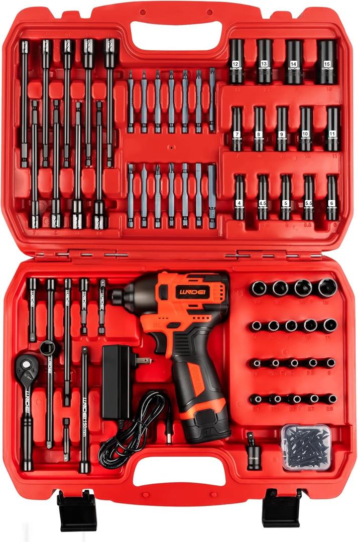 LLNDEI 1/4 Drive Socket Set 16V Brushless Impact Driver Kit, 108 PCS 6 point Metric Magnetic Nut Driver Set, including 1.5Ah Battery, Charger and a Self-Tapping Screws, Hex Drill Bits Can be Used