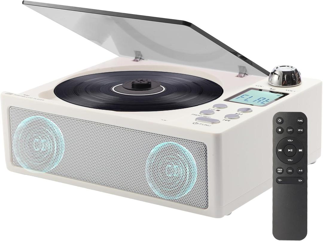CD Player Portable, Desktop CD Players for Home with Cable and Adapter, Dual Speakers, Support Opt/USB/TF Card/AUX/FM with Remote Control, LCD Display, 3.5mm Headphone Jack, White