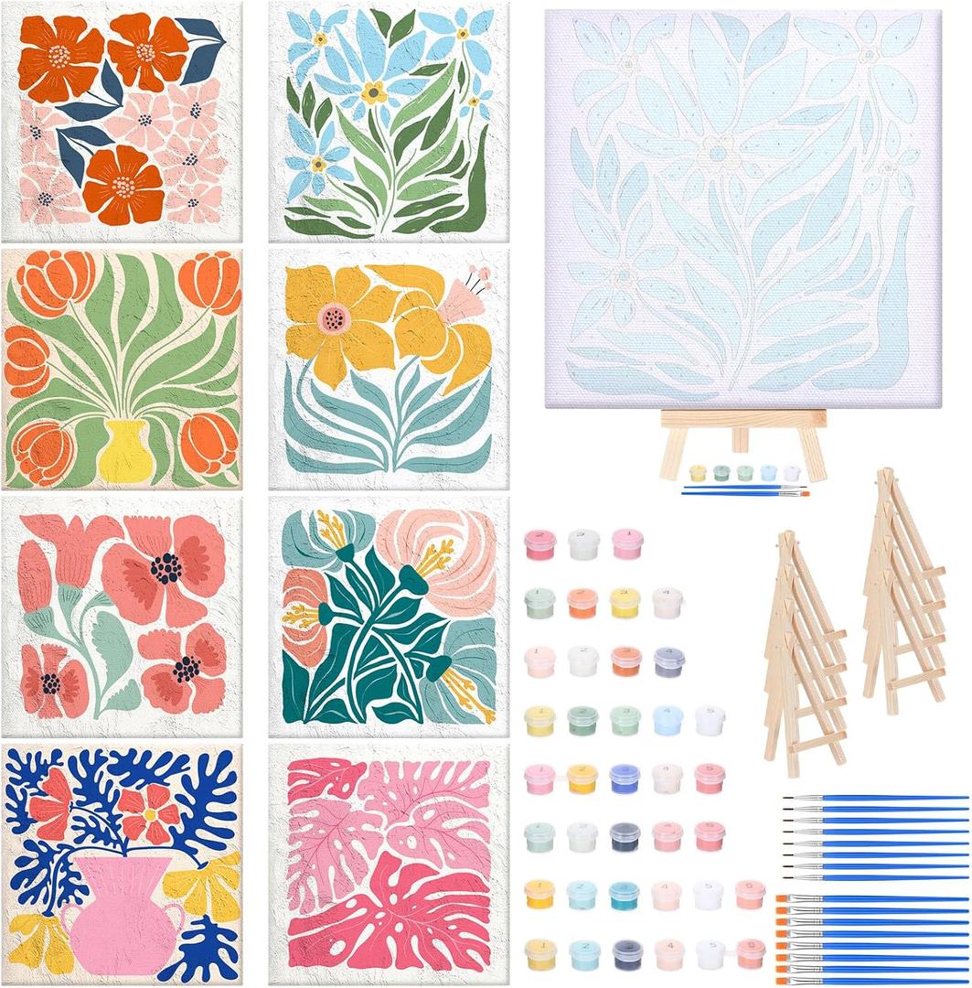 RoundFunny 8 Set Paint by Numbers Kit for Adults with 8x8 Inch Mini Simple Painting Canvas Wooden Frame Easel Acrylic Paints Brushes Funny Numbers Drawing Kit for Gift Home Wall Decor(Simple Blossom)