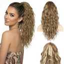 18 Inch Ponytail Extension - Clip in Ponytail Hair Extensions, Curly Wavy Pony Tails Hair Extensions, Synthetic Claw Clip Ponytail Extension for Women (Color: Dark Blonde with Beige Blonde Highlights)