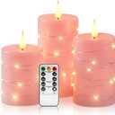 Amagic Flameless Candles with Embedded String Lights, 11-Key Remote & Timer, 3D Wick Real Wax Battery Operated Flickering Led Pillar Candles for Home, Lantern Decor, Set of 3, Pink