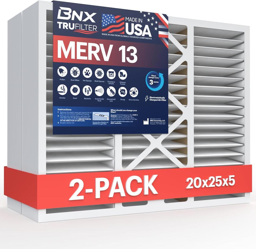BNX TruFilter 20x25x5 (19.88 x 24.75 x 4.38 Honeywell Compatible 4) MERV 13 Air Filter (2-Pack) - MADE IN USA - HVAC AC Furnace Filters Health, Allergies, Mold, Bacteria, Smoke, MPR 1900 FPR 10