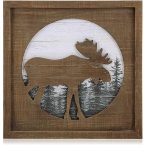 NIKKY HOME Rustic Wood Cabin Decor with Moose - Woodland Rustic Wall Decoration for Home, Log Cabin, Hunting or Mountain Lodge, Wooden Pictures Animal Theme Decor