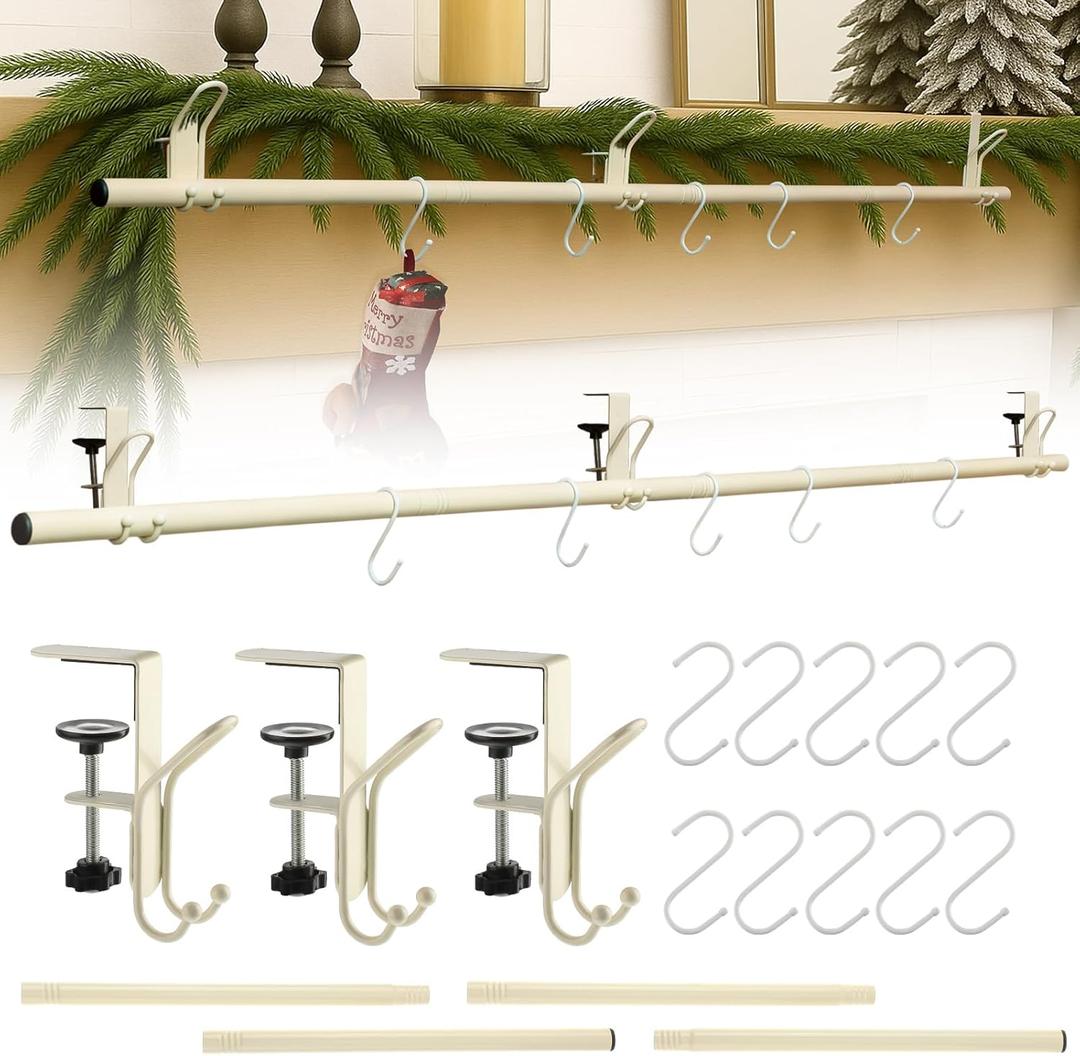 Hoolerry 3 in 1 Christmas Stocking Garland Hanger for Mantle Fireplace 3 Mantel Garland Hangers with 4 Adjustable Tension Rods 10 S Hooks for Xmas Holiday Stocking Wreath Hanging Ornament Decorations (Large, White)