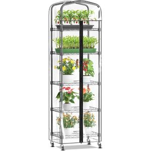 Mini Indoor Greenhouse Kit - 5 Tier Small Greenhouse with Shelves, PVC Cover & Wheels Portable Cabinet Plant Stand Rack for Seed Starting, Growing Plants, 16"x11"x57"