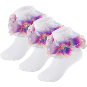 MKYSZLT Girls Ruffle Socks Toddler Girl Rainbow Fold Over Frilly Dress Socks Lace Big Fluffy Ruffles Church Fancy Sock Kids (US, Age, 8 Years, 10 Years, rainbow - 3 pairs)
