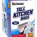 Ultrasac 13 Gallon 0.6 MIL White Tall Kitchen Garbage Bags with Flap Tie - 24" x 28" - Pack of 100 - for Home, Kitchen, Office, Commercial, & Industrial