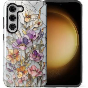 CARLOCA Case for Samsung Galaxy S23,Vintage Botanical Mosaic Flowers Design- Hybrid Dual Protection Soft TPU + Hard PC, Shockproof & Anti-Scratch Cover Men Women Stylish Protective Phone Case
