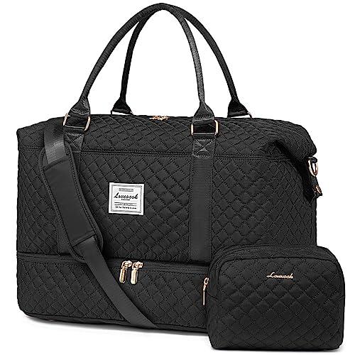 LOVEVOOK Travel Duffle Bag, Weekender Bags for Women with Shoe Compartment, Carry on Overnight Bag with Toiletry Bag, Gym Duffel Bag with Wet Pocket, Hospital Bags for Labor and Delivery, Black