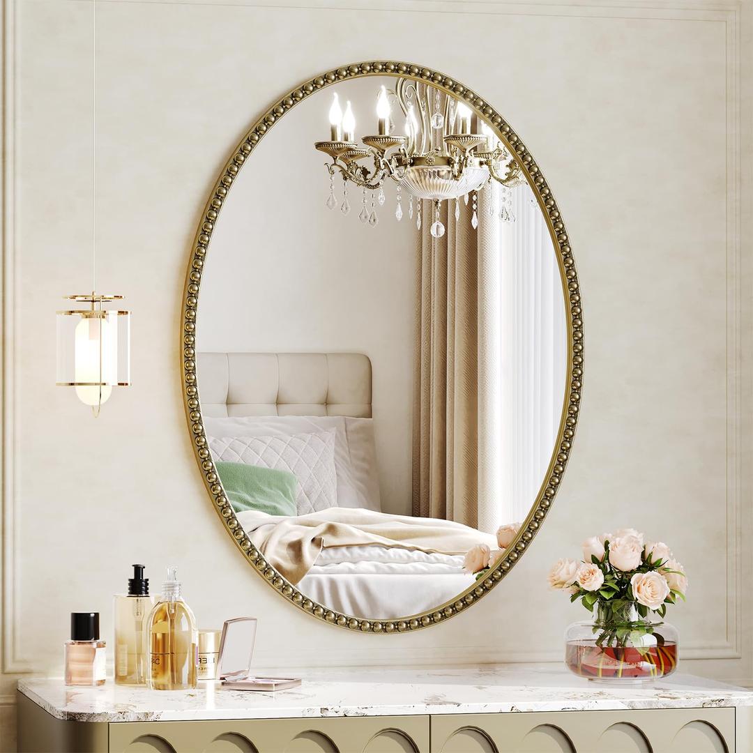 Rigidemand Oval Gold Beaded Mirror, 36"x24" Vintage Bathroom Wall Mirror