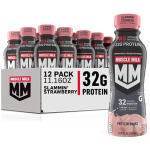 Muscle Milk Pro Advanced Nutrition Protein Shake, Slammin' Strawberry, 11.16 Fl Oz (Pack of 12), 32g Protein, 1g Sugar, 16 Vitamins & Minerals, 5g Fiber, Best By: May 28, 2026