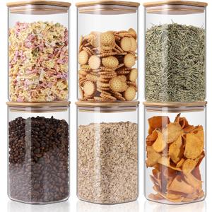 Glass Storage Jars 6 Pack -50oz (10cmx20cm)Clear Glass Food Storage Containers with Airtight Bamboo Lid Stackable Kitchen Canisters for Candy,Cookie,Rice,Sugar,Flour,Pasta,Nuts and Spice Jars(Square)