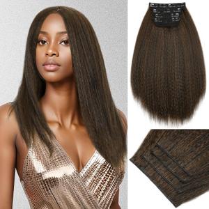 WIGNEE Kinky Straight Clip In Hair Extensions - 4 Pcs Yaki Straight With Lace Weft - Full Head 16 Inch Mix Brown Seamless for Black Women (M30)