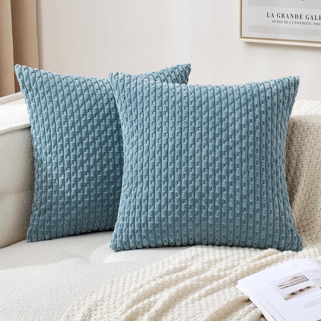 MIULEE Throw Pillow Covers Soft Corduroy Decorative Set of 2 Boho Striped Pillow Covers Pillowcases Farmhouse Home Decor for Couch Bed Sofa Living Room 18x18 Inch Blue Grey (18" x 18" (Pack of 2))