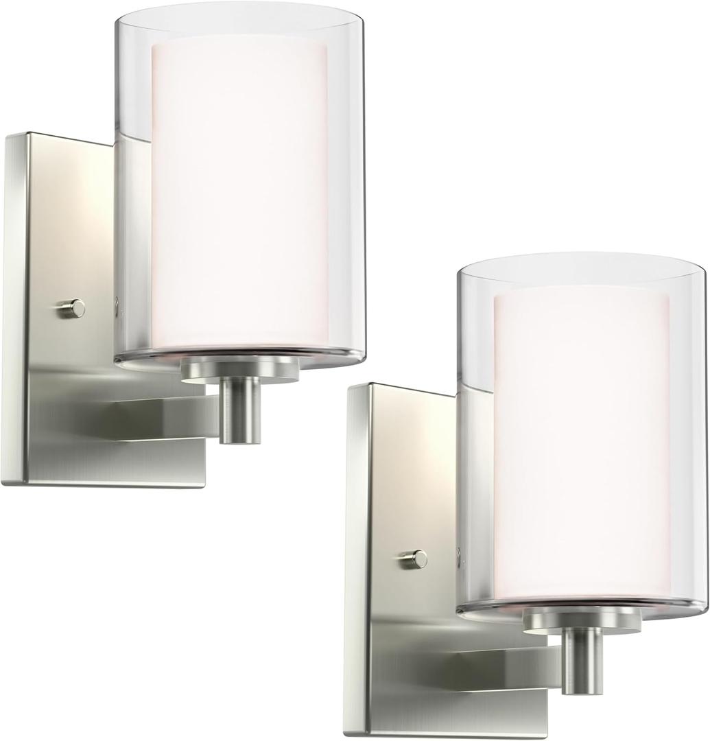 Kalium Wall Sconces Set of Two Modern Vanity Lights with Double Clear Glass Shade Brushed Nickel Indoor Farmhouse Wall Light for Bathroom Living Room Bedroom Mirror Hallway Bulb E26 Base (2PCS)