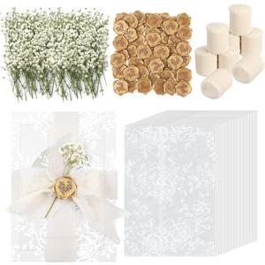 Wedding Invitation Accessories Kit, Pre-Folded Vellum Jackets for 57 Invitations with Wax Seal Stickers, Ribbon & Dried Flowers, Elegant Wedding Invitation Accessories for DIY Bridal Invites (White-Rose, 50)