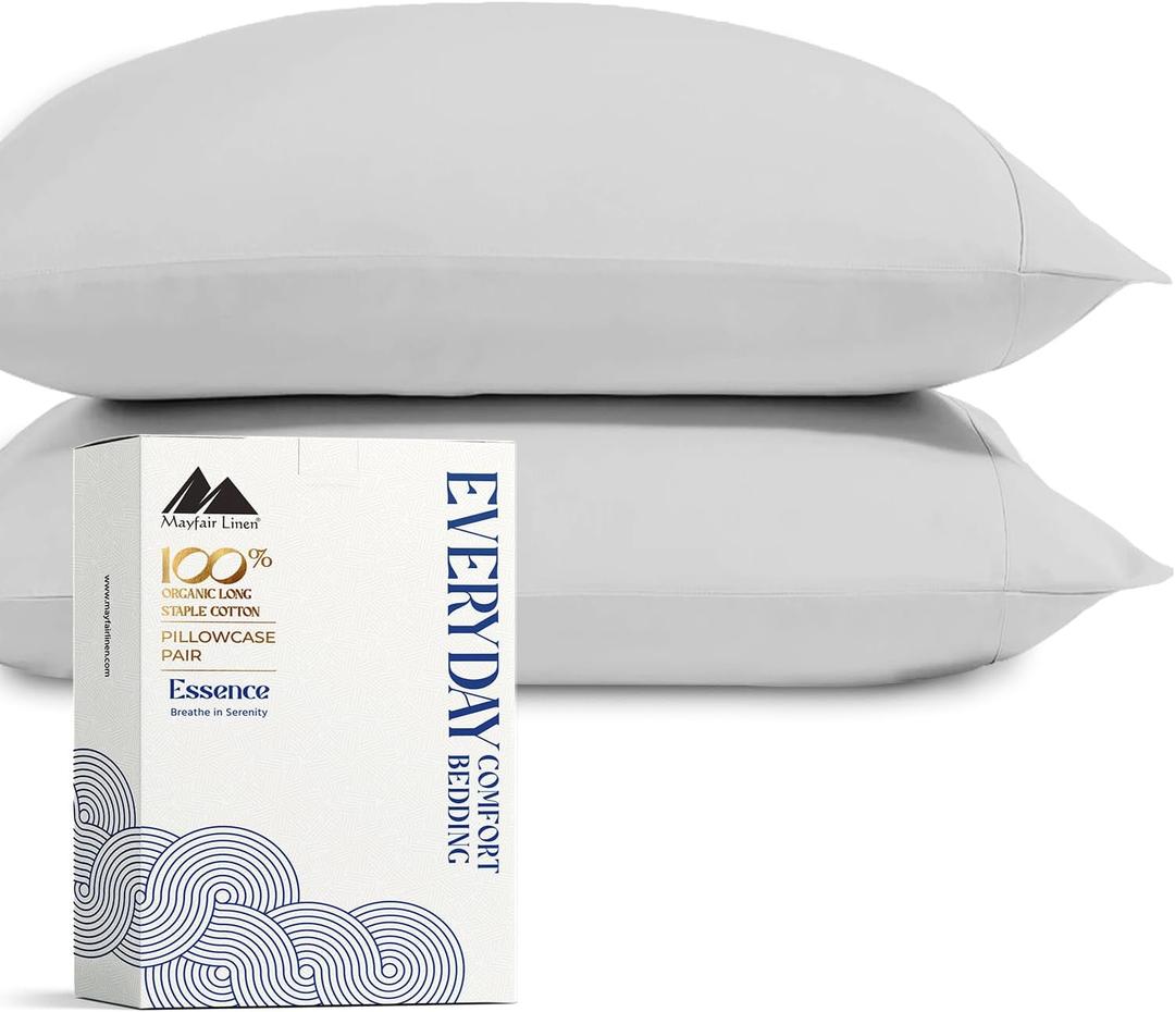 Mayfair Linen 100% Organic Cotton King Size Pillow Cases Set of 2 - Ultra Soft Hotel Quality King Pillow Covers, Authentic GOTS Certified, Crisp, Cooling Percale Weave Cotton Pillowcases - Light Grey