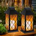 Solar Lanterns Outdoor Waterproof, 2 Pack 9" Glass Hanging Solar Lights with Flickering Flameless Candle, Outdoor Lanterns for Patio Wall Porch Table Garden Tree, Gift for Women Mom - Black