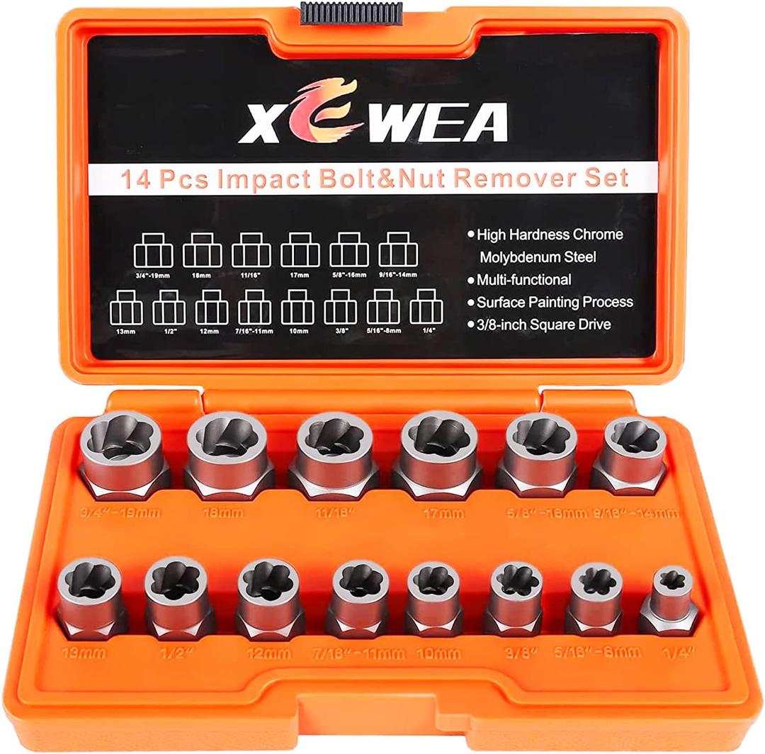 XEWEA Professional 14PCS Bolt Extractor Set, 3/ 8" Drive Impact Stripped Bolt Remover Socket Set for Removing Damaged Broken Rounded Off Bolt & Nut, Impact Grade Cr-Mo Steel with Case Father's Day Gift