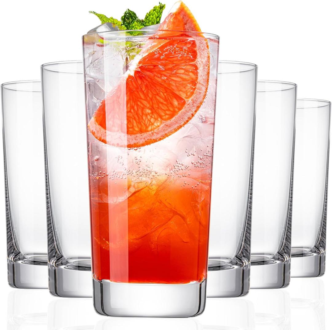 Drinking Glasses, 13.5oz Highball Glasses Drinking Set Of 6, Borosilicate Water Glass Cups, Clear Vintage Glassware for Juice, Mojito, Tom Collins & Mixed Cocktail Drinks