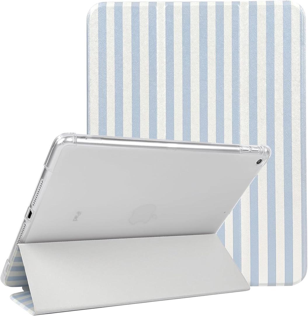 Lovmooful Compatible for iPad 9/8/7 (10.2-Inch,2021/2020/2019 Model,9th/8th/7th Generation) Case with Pencil Holder Cute Striped with Aesthetic Design Soft TPU Trifold Stand Protective-Blue&White