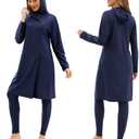 Women Muslim Swimwear Islamic Modest Swimsuit 3 Pieces Full Cover Hijab Long Sleeve Burkini Top Dress + Pants (Large, Dark Blue)