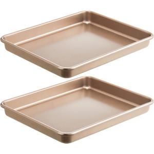 HONGBAKE 2 Pack 11 x 9 Inch Toaster Oven Pans and Trays, Small Baking Sheet Set for Cooking, Non-Stick Cookie Sheets, Heavy-Duty 0.8mm Thick, Easy to Clean, 1.26 Inch Deep, Gold