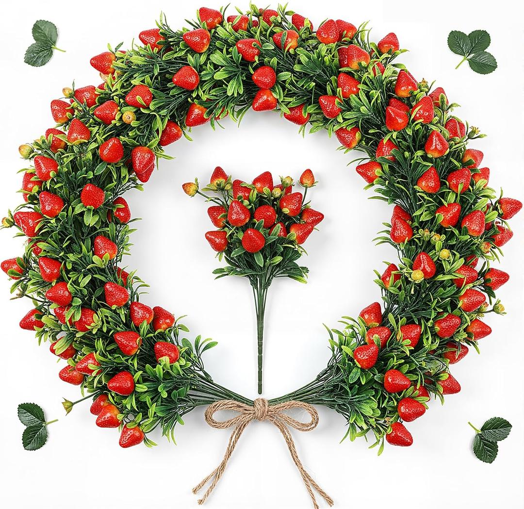 20 Pcs Artificial Strawberry Branches 11.81" Long Stem Strawberry Picks Plastic Realistic Straw Berry with Green Leaves Simulation Fruit Branch Decorative Branch for Vase Home Party Decoration