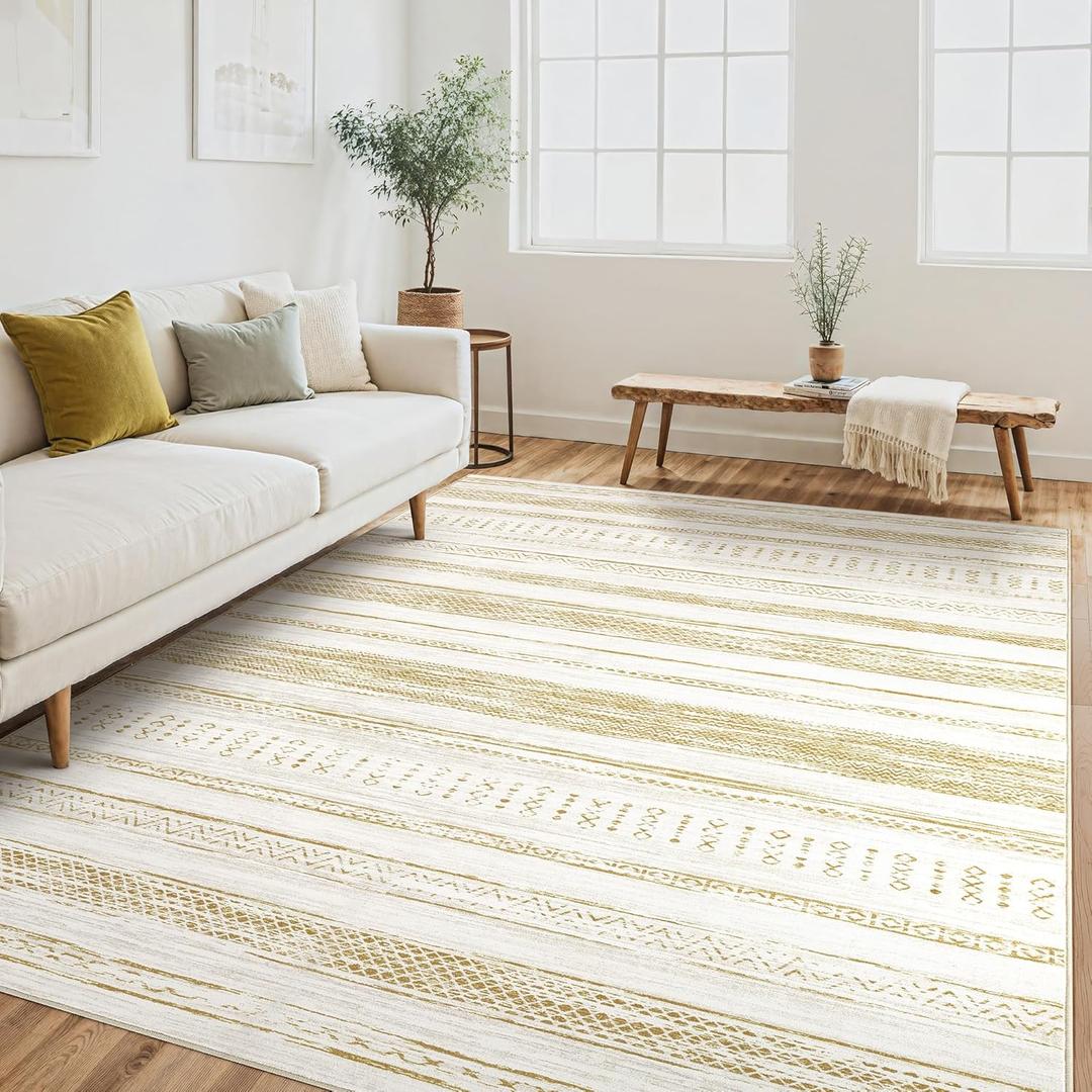 Tortania Area Rug Living Room Rugs - 6x9 Washable Large Soft Neutral Boho Moroccan Bohemian Farmhouse Rug Indoor Floor Carpet for Bedroom Under Dining Table Home Office Decor - Golden