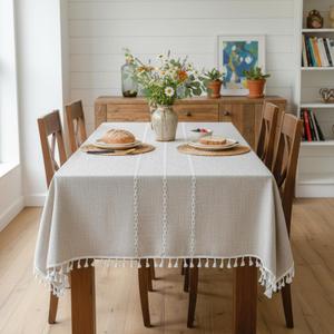 UYEAOVLX Linen Rectangle Table Cloth Neutral Textured Rustic Tablecloth, Wrinkle Free Washable Burlap Table Cover with Tassels for Kitchen Dining Holiday Parties 55 x 71 inch, 4-6 Seats