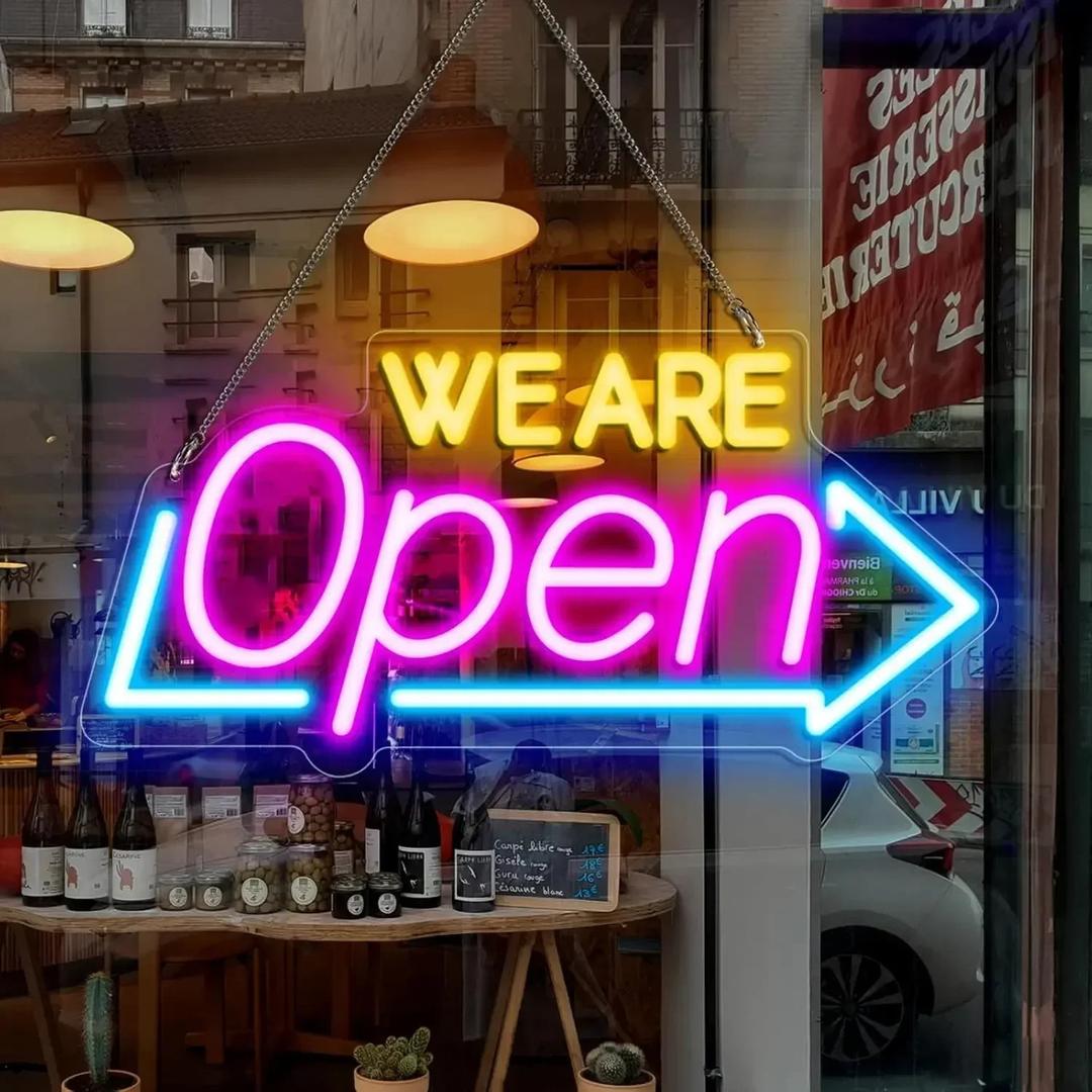 WE ARE OPEN Neon Sign for Business Window, RGB Color Changing Flow Open Led Sign with App Remote Control Music Syncing, Colorful Dimmable Light up Sign for Bar Salon Shop Club Restaurant Wall Decor