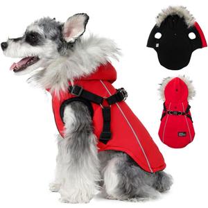 PINA Dog Coat with Built in Harness, Dog Jacket with Faux Fur Hood, Dogs Vest with Reflective Strap for Small Medium Large Dogs, Red, S (S(chest:15.7in, 3.3-5.5lb))