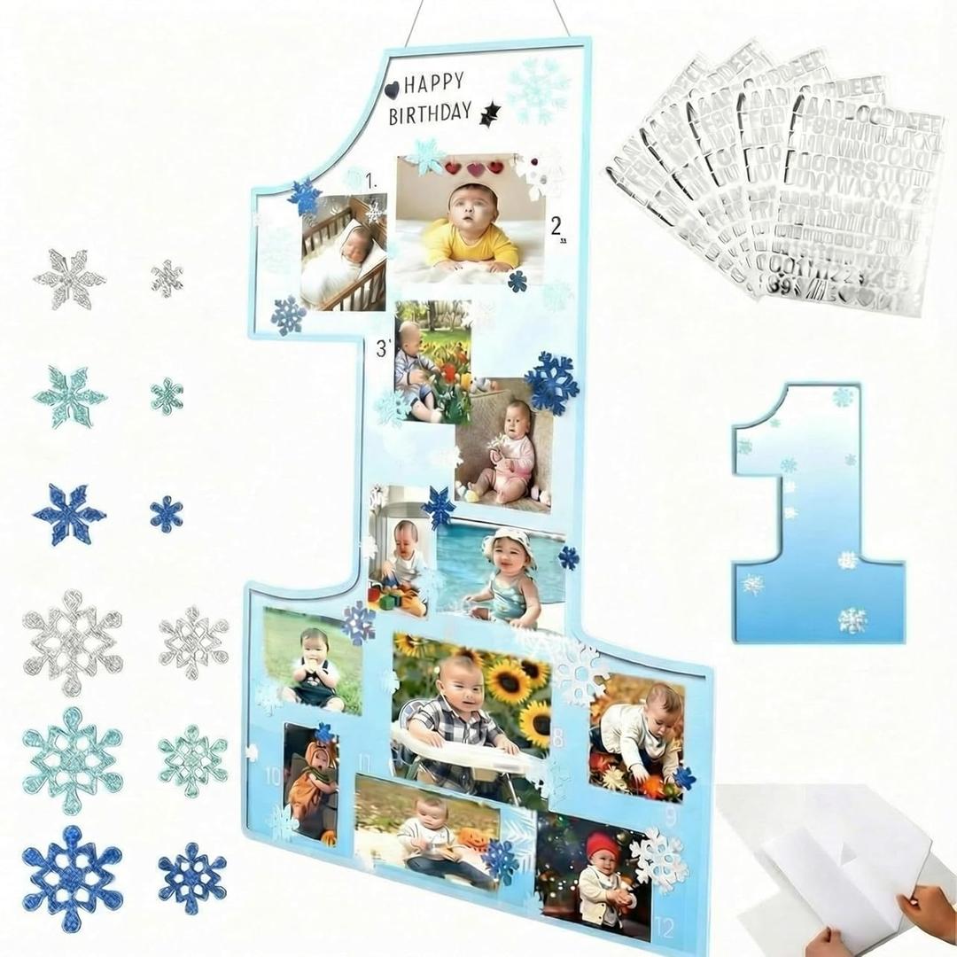 My First Year Photo Frame Board Winter Onederland 1st Birthday Decor Snowflake Picture Frame 12 Monthly Photo Display DIY One Year Newborn Keepsake Gifts Snowflake Nursery Birthday Decor