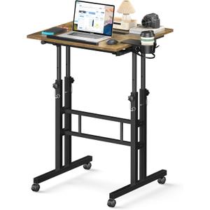 Enayplon Small Standing Desk with Wheels, Mobile Stand Up Desk, Portable Standing Table on Wheels for Walking Pad, Rolling Computer Desk Adjustable Height, Tall Table (Brown)