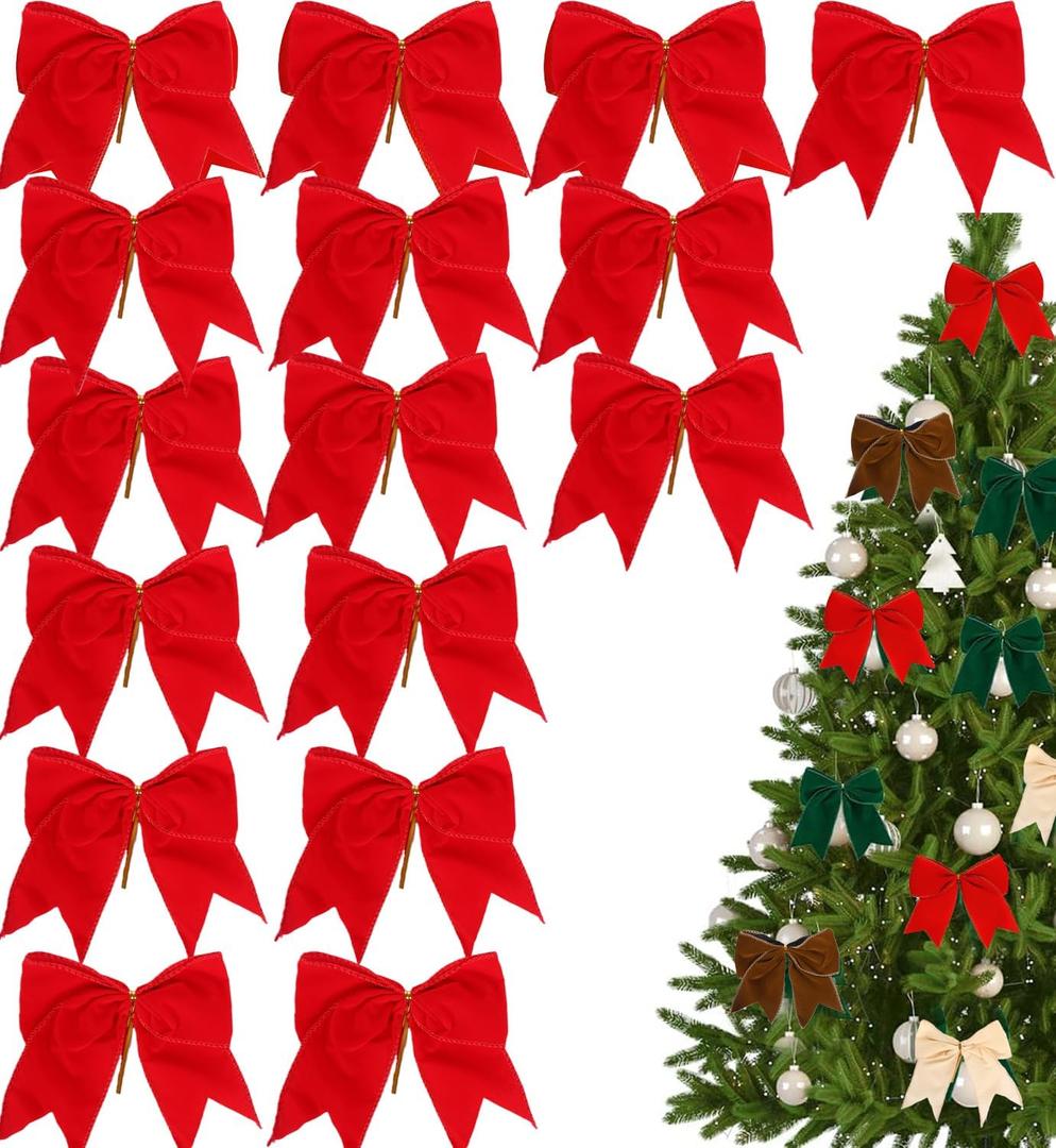 16 Pcs 6Inch Large Christmas Velvet Bows Rustic Wreath Gift Bows Vintage Xmas Velvet Ribbon Bow Holiday Ornaments for Christmas Tree Garland DIY Craft Wrapping Decor (Red)