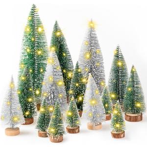 Lenwen 18 Packs Mini Christmas Trees Christmas Decor Bottle Brush Christmas Trees with 6 LED Lights 11.8'' 5 Size Pine Trees with Wooden Bases Mini Bottle Brush Trees Tabletop(Green and Silver)