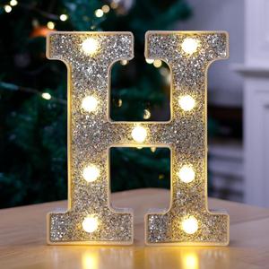 Marquee Light Up Letters, Glitter Silver LED Letter Lights Battery Powered Alphabet Letter Sign for Night Light Wedding Birthday Party Cafe Bar Decoration Girls Room Decor - letter H