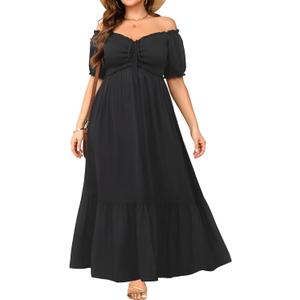 Plus Size Sun Dresses Women - Summer Off the Shoulder Puff Sleeve A Line Boho Maxi Flow Long Dress 2025 (24W, Black)