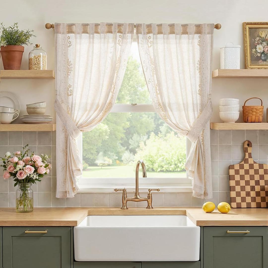jinchan Belrose Linen Floral Cafe Curtains 45 Inch Length Embroidered Farmhouse Curtains for Kitchen Bedroom Bathroom Small Windows Curtain Set Light Filtering 2 Panels Ivory