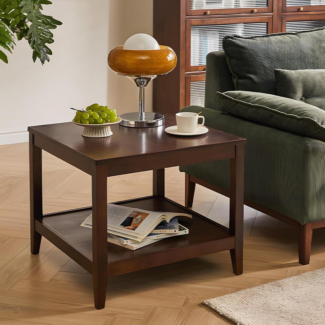Side Table, Solid Wood Square End Table with Storage Shelf, 2-Tier Coffee Table for Living Room, Rubber Wood Small Sofa Table, Nightstand 23.62 H x 23.62 W x 23.62 D Inches (Walnut)