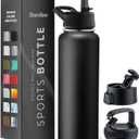 FineDine 25 Oz Insulated Water Bottle with Straw - Triple Walled Stainless Steel Metal Bottle W/ 3 Leak Proof Lids - For Travel, School, Sports, Gym/Men, Women & Kids - Inky Raven Black