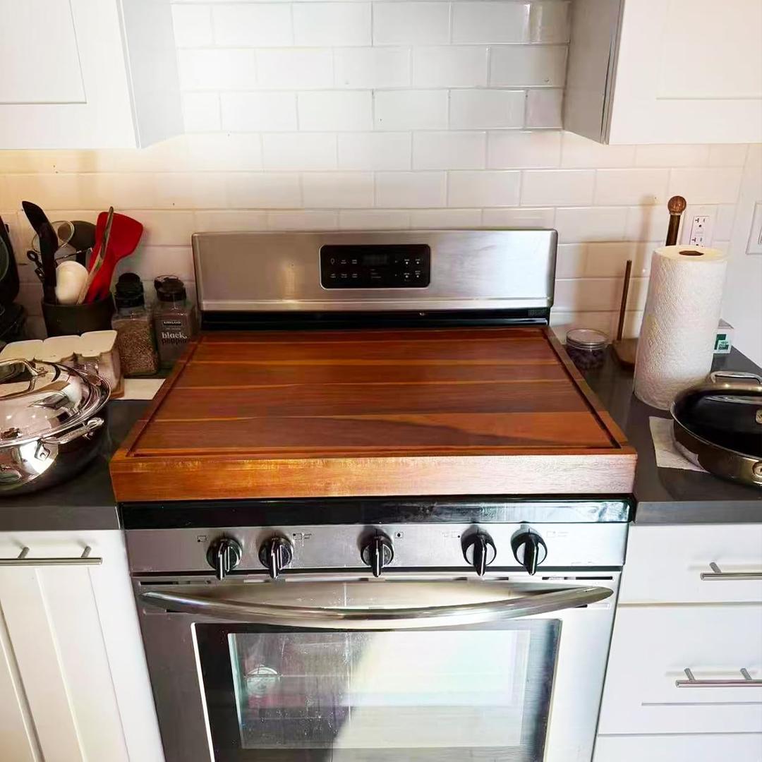 Acacia Stove Top Cover for Gas Burners & Electric Stove, Noodle Board Stove Cover with Wavy Handles, Wooden Stovetop Cutting Board with Juice Grooves, Serving Tray 30"L x 22"W x 2.5"H