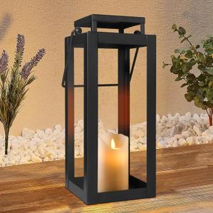 18" Black Metal Modern Candle Lantern  Decorative Hurricane Lantern for Indoor & Outdoor Use, Ideal for Table, Mantle, Porch, Halloween, Christmas, and Wedding Decor (No Glass Panel) (Large)
