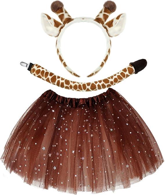 Newcotte 3 Pcs Halloween Costume Animal Tutu Ears Headband Tail Fancy Dress Costume Kit for Youth Adult Halloween Cosplay(18-28 Years, Giraffe) Multicolor